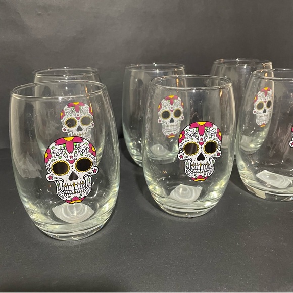 Cristar Day Of The Dead White Skull, Mikonos Stemless Glasses (Lot Of 6) NEW - Picture 3 of 8